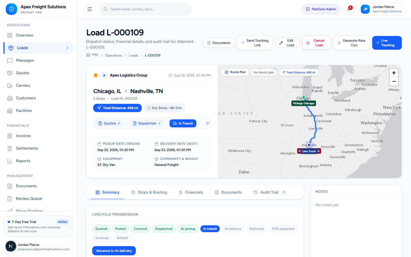 Load detail page with route map and financial summary